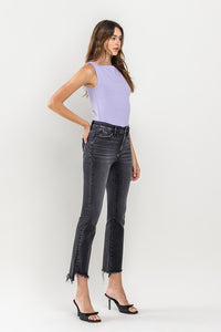 High Rise Raw Step Hem Crop Flare Jeans