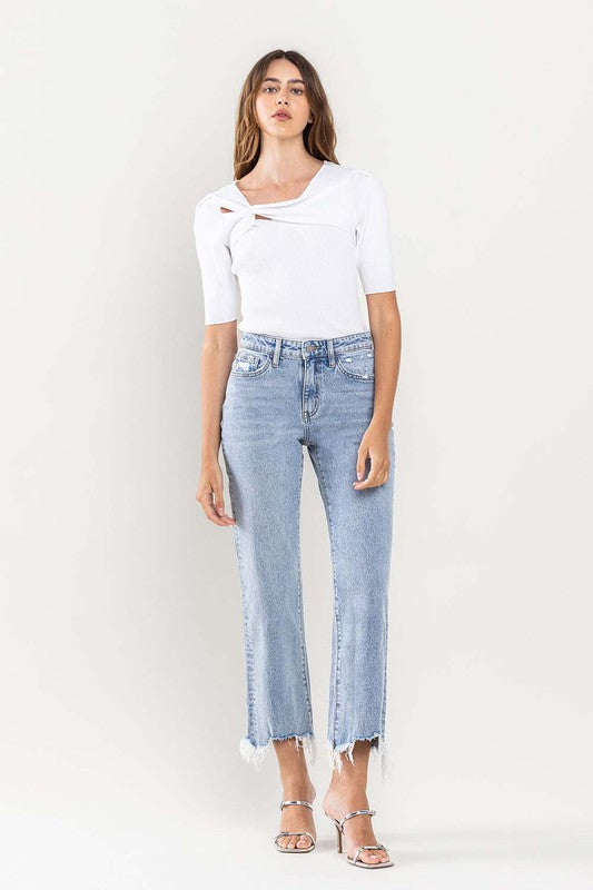 High Rise Distressed Hem Crop Dad Jeans