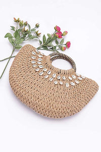 Top Handle Sea Shell Faux Straw Tote Bag